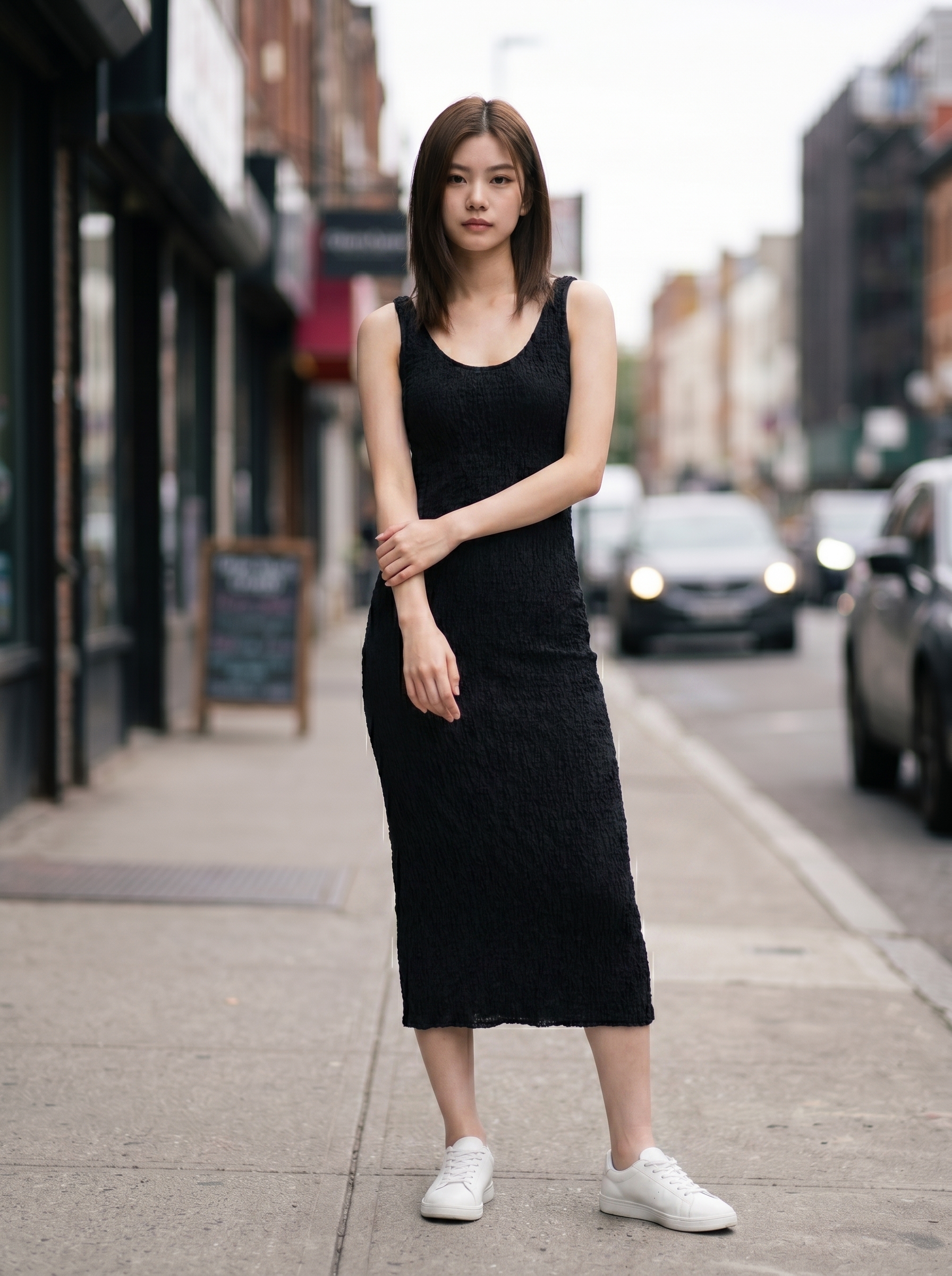 Streetwear archetype — city sidewalk with blurred storefronts