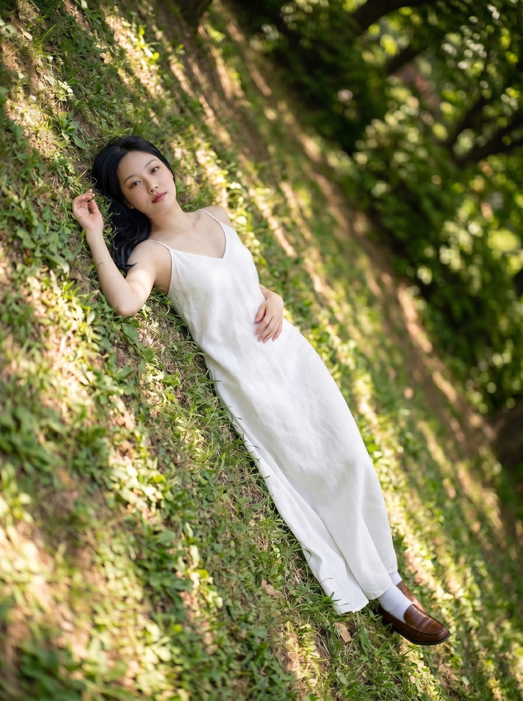 Linen dress in natural light on grass — sustainability visual signal
